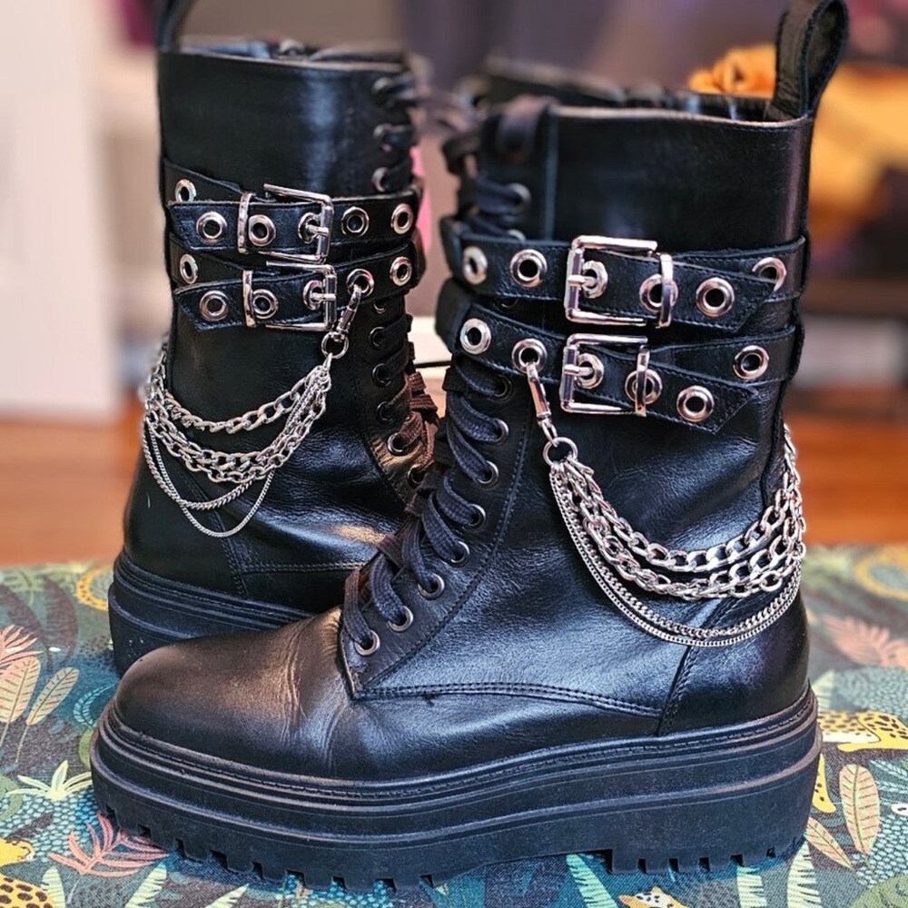 Zara Black Combat Boots with Silver Chains